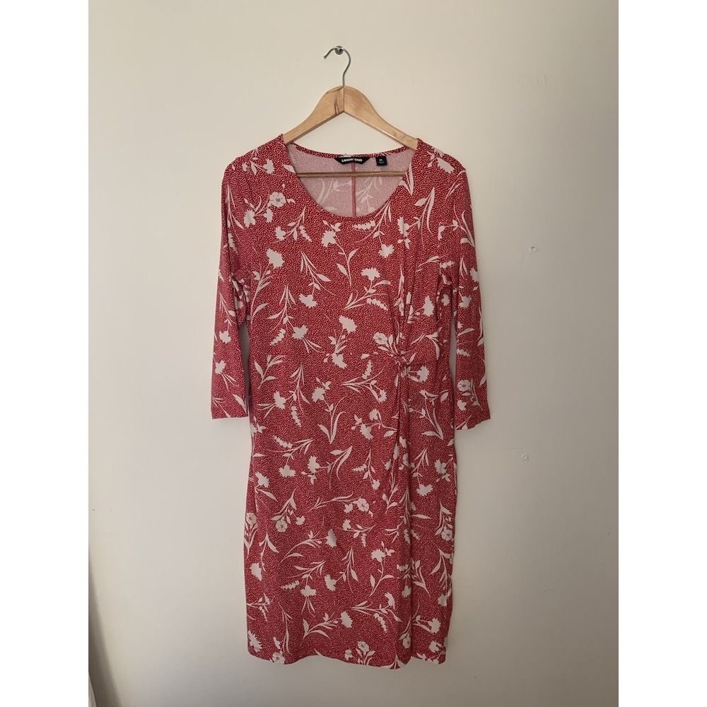 Lands End Dress Faux Wrap Midi Sz M Red White Floral Stretch Pima Cotton Blend